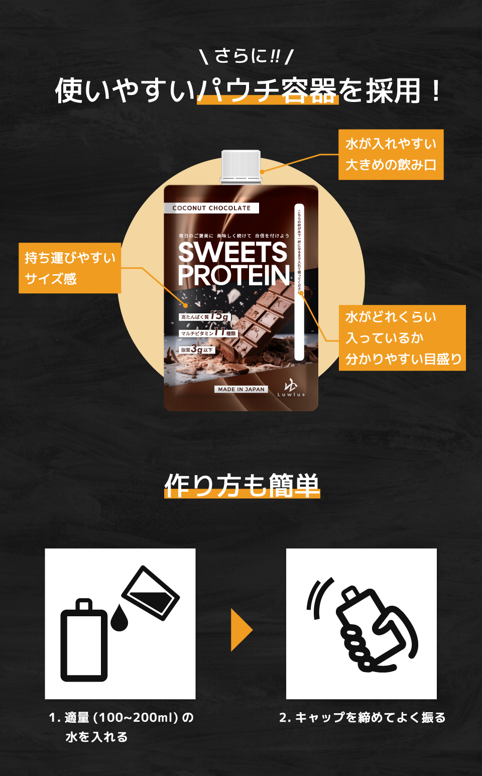 SWEETS PROTEIN（スイーツプロテイン）は、使いやすいパウチ容器を採用！