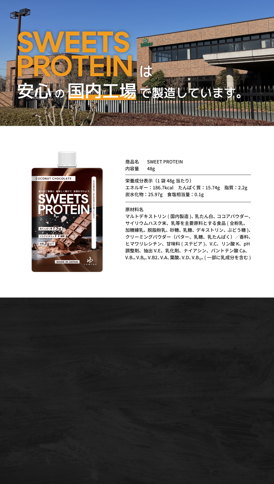 SWEETS PROTEIN（スイーツプロテイン）は安心の国内工場で製造しています。